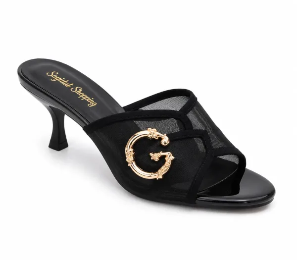 Mules Élégance en Tulle Noir – Boucle Dorée