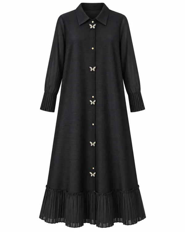 Robe Chemise Noire Plissée à Papillons Dorés