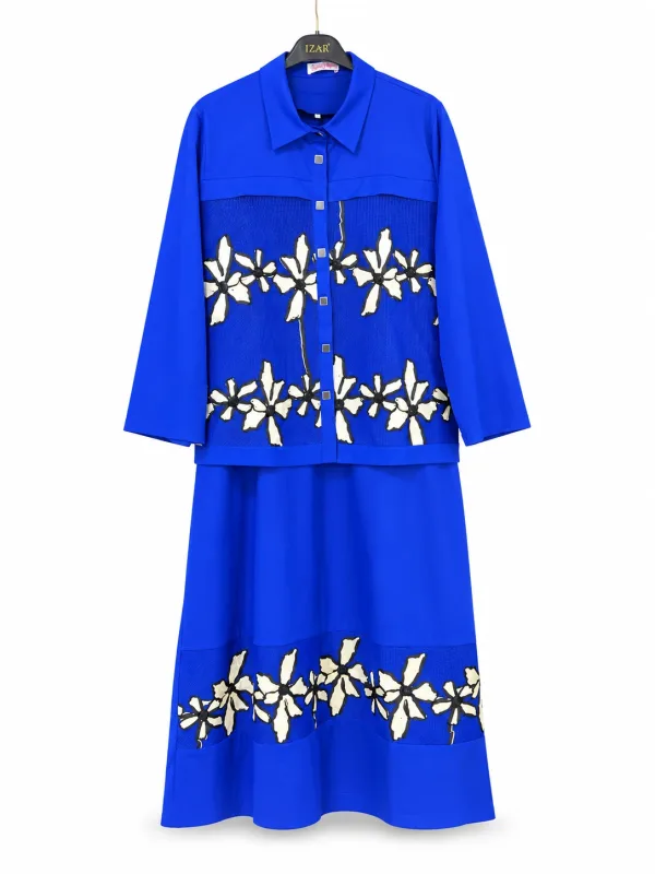 Ensemble Chemise & Jupe Bleu Roi – Broderie Fleurs