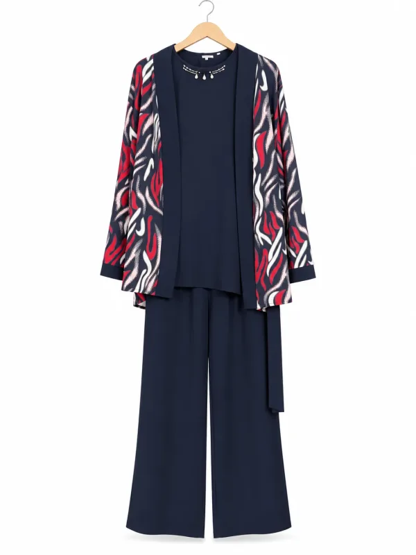 Ensemble 3 Pièces Noir – Kimono Imprimé, Top Bijou & Pantalon Large