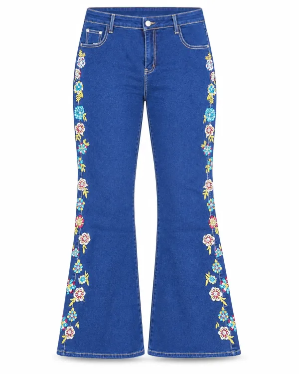 Jean Évasé Femme Brodé Fleurs Multicolores