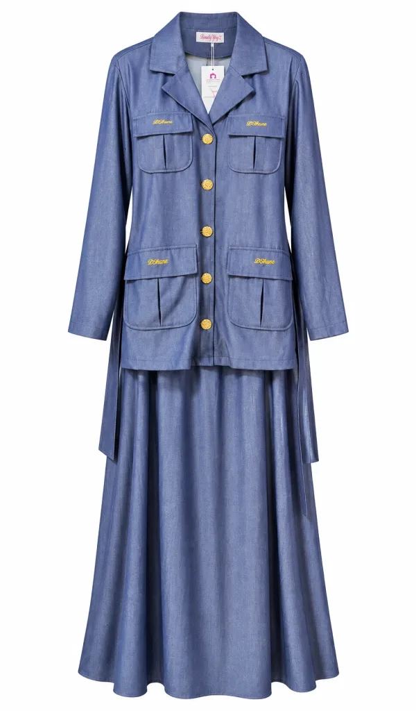 Ensemble Veste Longue & Jupe Effet Jean – Boutons Dorés