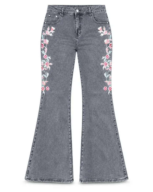 Jean Évasé Femme Brodé Fleurs Roses
