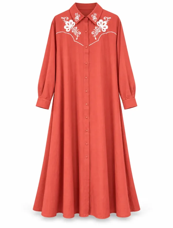 Robe Chemise Longue Terracotta Brodée