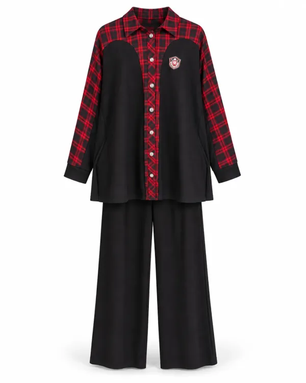 Ensemble Chemise Carreaux Rouge Noir et Pantalon Large
