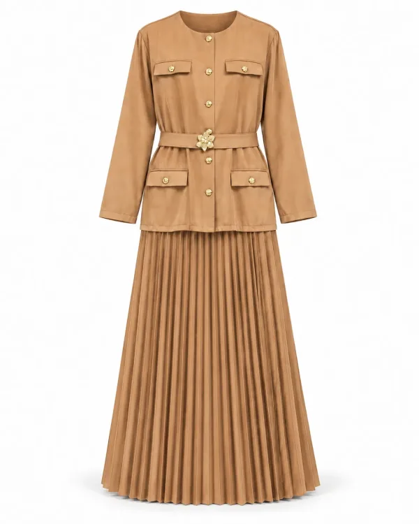 Ensemble Veste Ceinturée et Jupe Plissée Camel