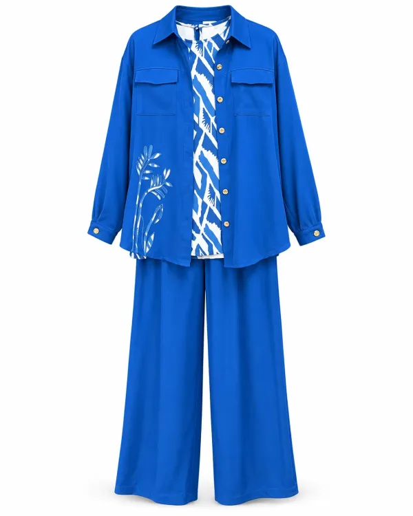 Ensemble Trois Pièces Bleu Roi Surchemise et Pantalon Large