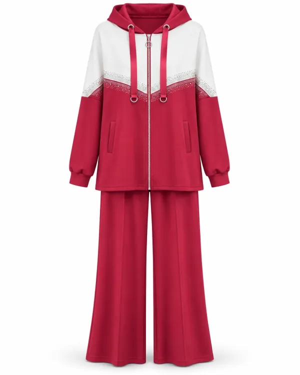 Ensemble Survêtement Capuche Rouge et Blanc à Strass