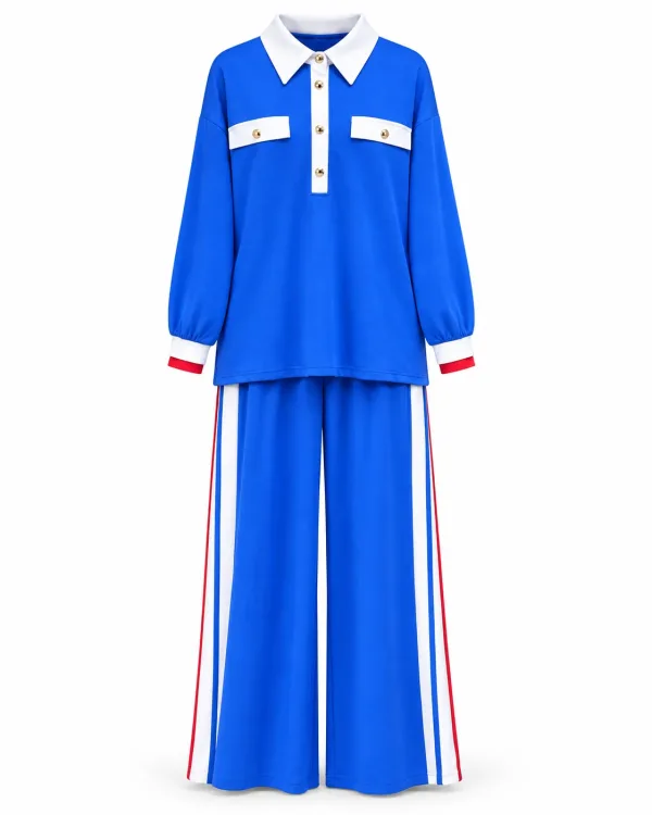 Ensemble Polo Bleu Roi et Pantalon Large à Bandes