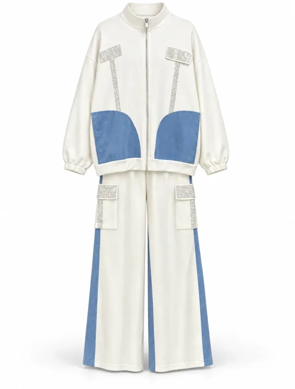 Ensemble Écru et Denim à Strass Veste Zippée et Pantalon Cargo