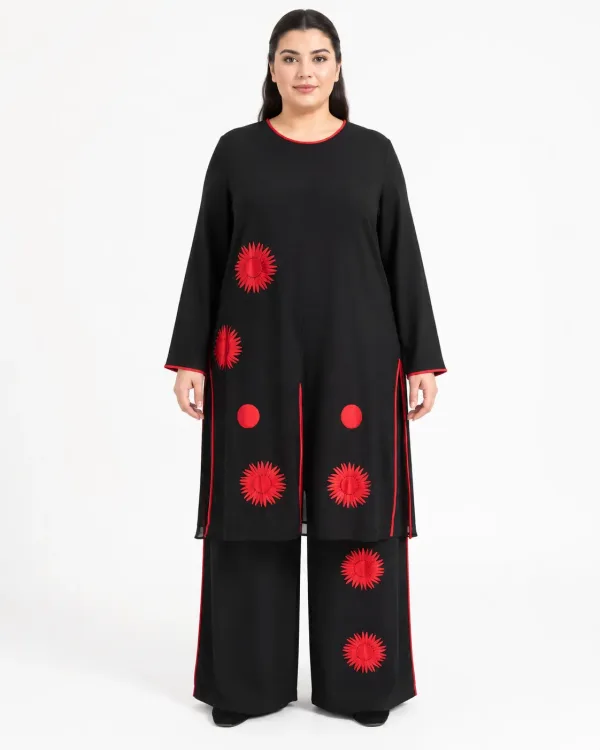 Ensemble Noir Tunique Fleurs Rouges