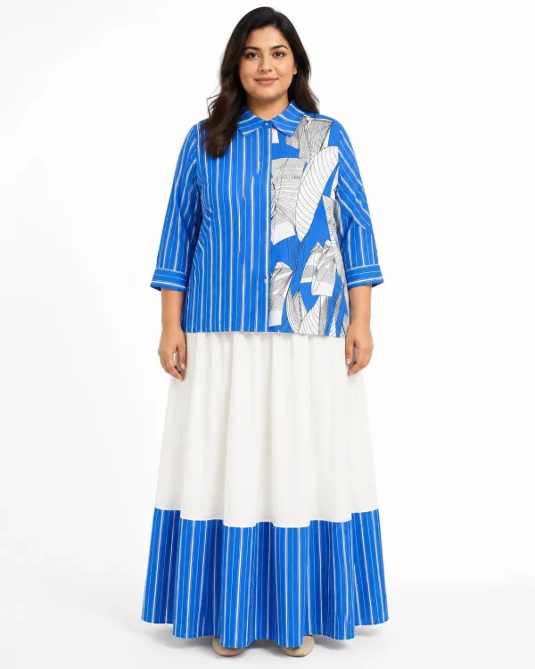Ensemble Rayé Bleu Chemise et Jupe Longue