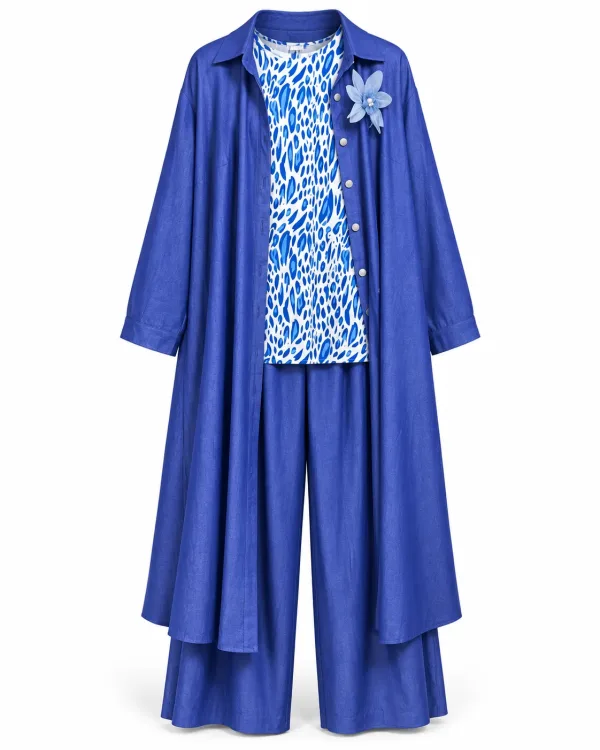 Ensemble Trois Pièces Bleu avec Broche Fleur