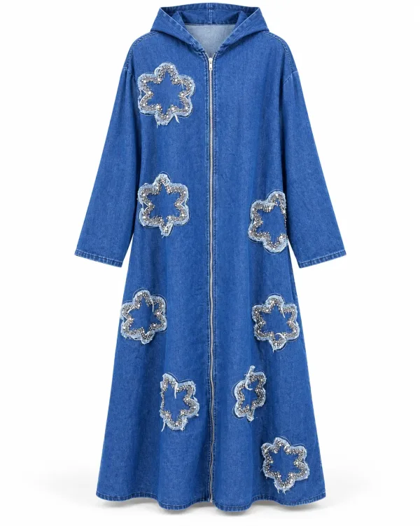 Jellaba Denim à Capuche Brodée de Fleurs Strass