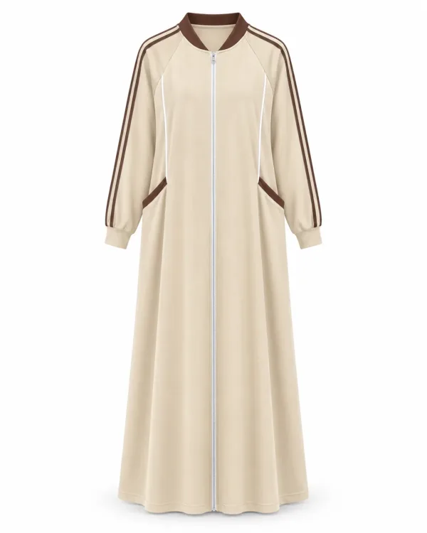 Robe Longue Zippée Beige Sport Chic à Bandes